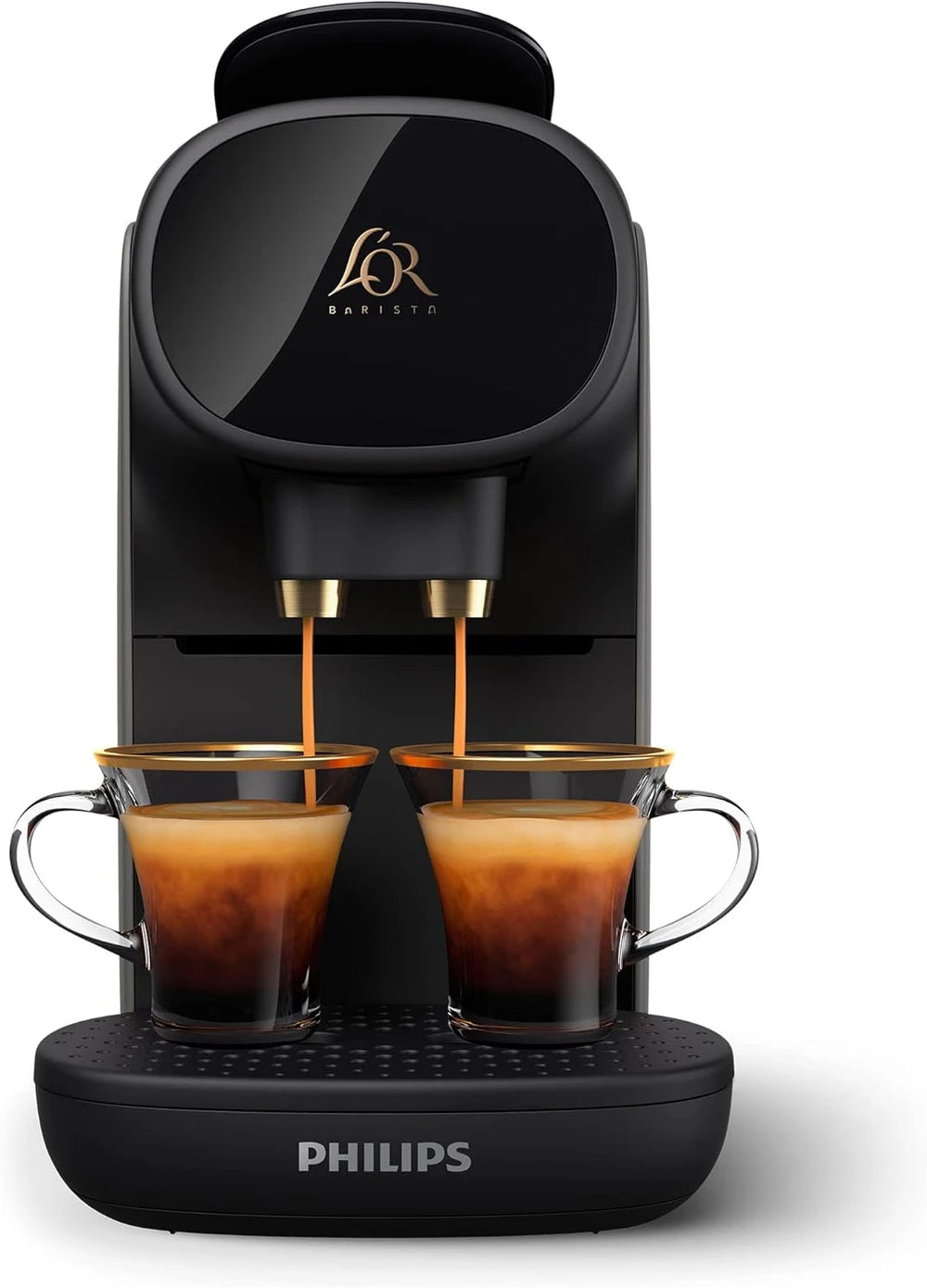 L’OR Barista Sublime Piano Noir préparant deux espressos – vue de face